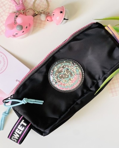 Trousse Noire "Making Life Sweet" à Paillettes et Double Compartiment