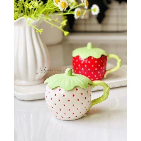 Mug en Céramique avec Couvercle en Forme de Fraise