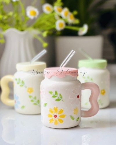 Mug en Céramique  avec Couvercle et Paille en Verre - Collection Florale Pastelle