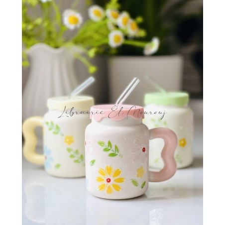Mug en Céramique  avec Couvercle et Paille en Verre - Collection Florale Pastelle